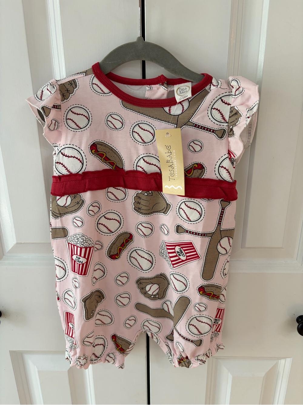NWT Tesa Babe Pink Baseball & Snacks Romper with Red Trim 12-18m